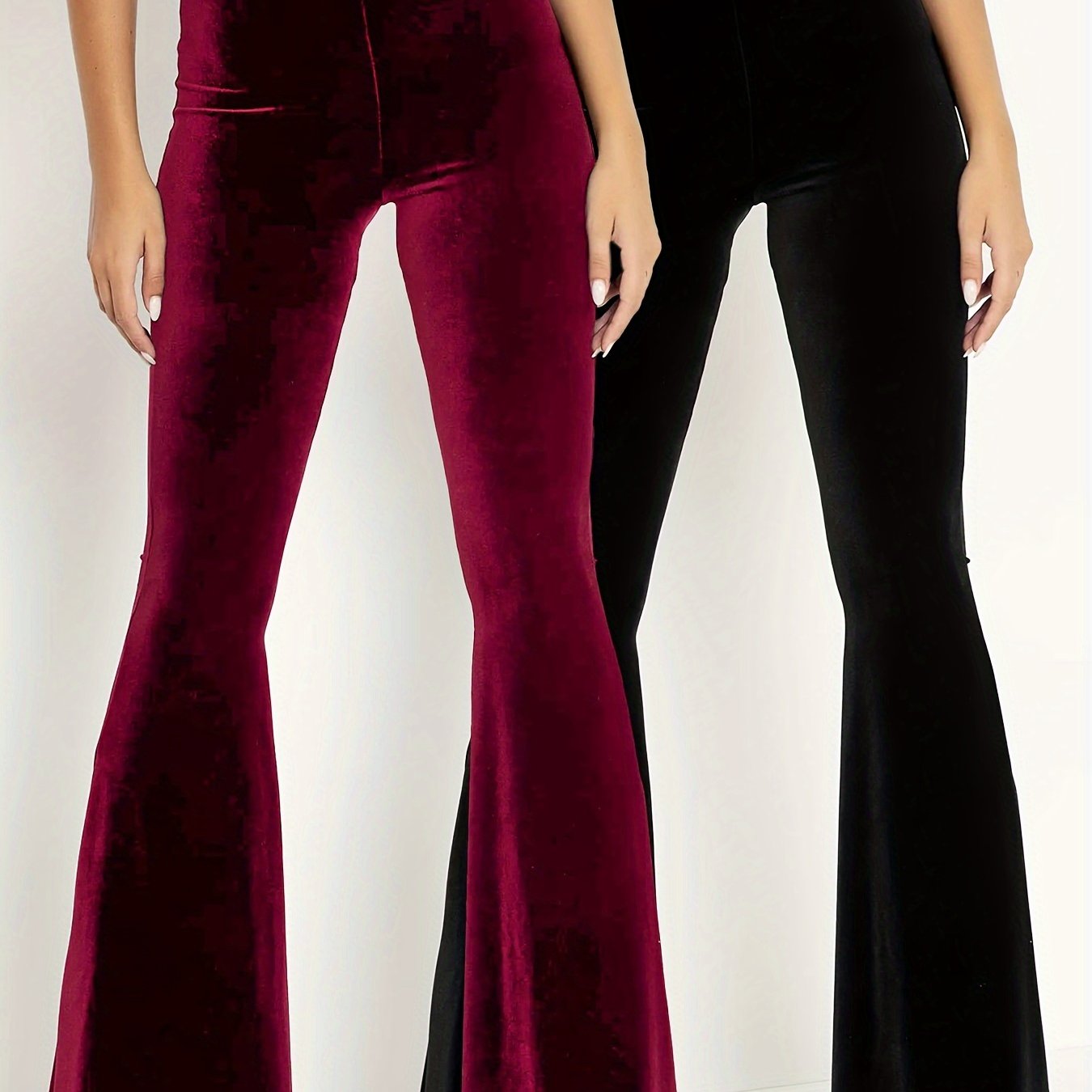2pcs High Waist Velvet Pants Set for Women - Stretchy Polyester Knit Fabric, Black and Red, Flared Leggings, Fall/Winter Fashion - Daisan Mart