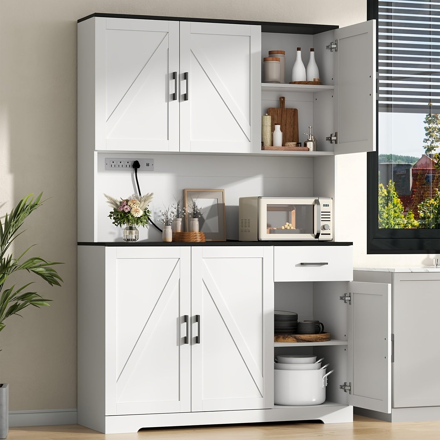 Rustic Wood Kitchen Cabinet 6 Doors, 4 Shelves, With Outlet 71 inch