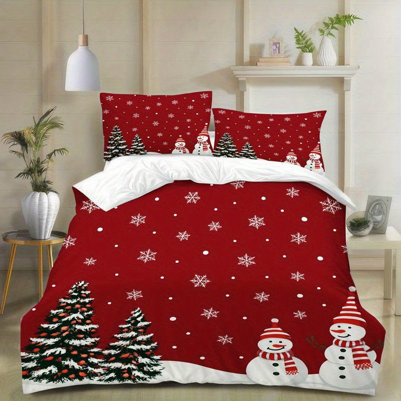 3pcs Christmas Bedding Snowman Pine Tree Pattern, Winter Holiday Red Duvet Cover, Festive Snowflake Design, Comfortable Home Bedroom Guest Room Supplies, Soft Microfiber Fabric, (1 + 2 Pillow Covers)