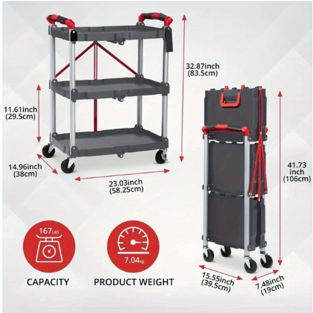 Heavy-Duty 3-Tier Folding Wheeled Cart with 56 lbs Load Capacity per Shelf - Portable Metal Service Cart with 4-Wheel Mobility, Sturdy Frame &amp; Red Accents