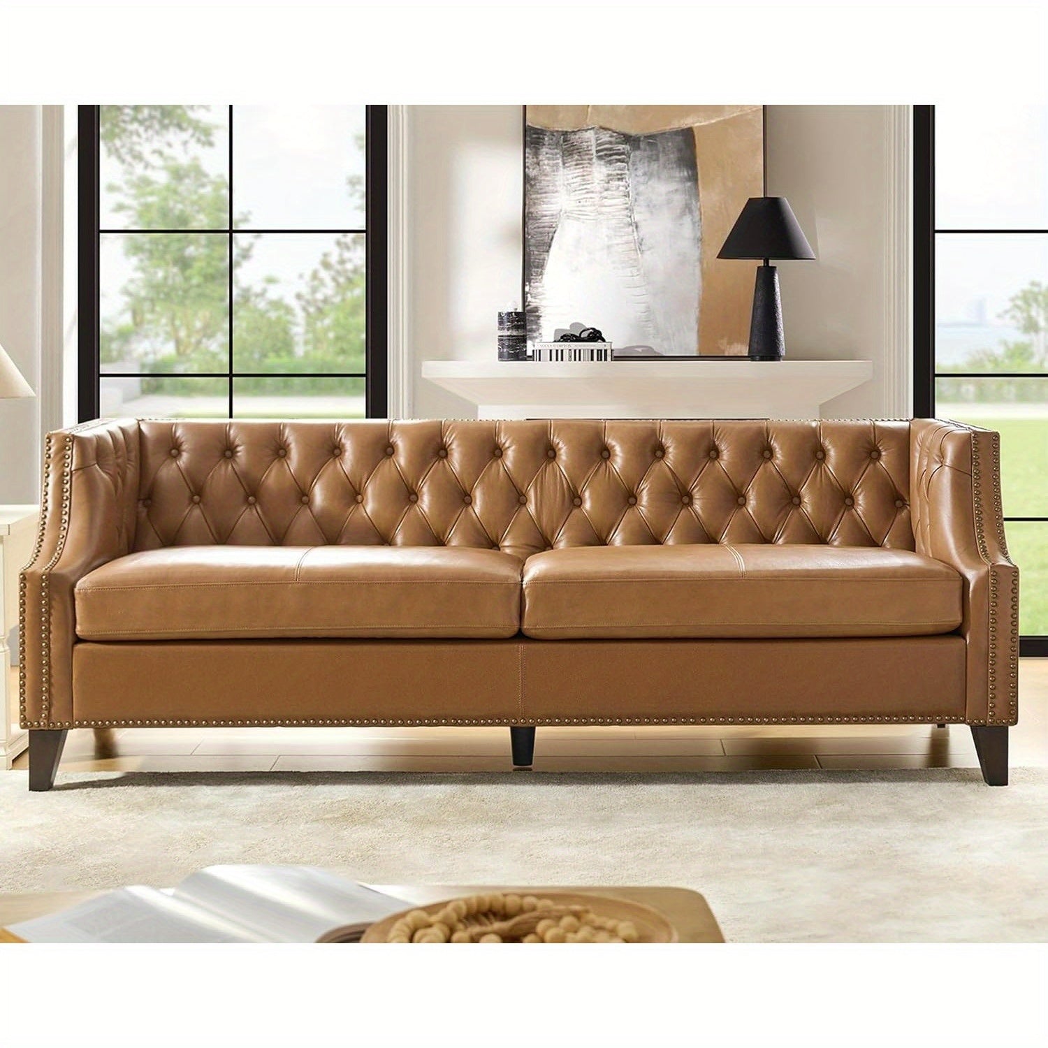 [Luxury Chesterfield Sofa] HULALA HOME 84" Genuine Leather Chesterfield Sofa | Button-Tufted 3-Seater with Solid Wood Legs, Mid-Century Modern Design, Camel Upholstery for Living Room, Apartment & Entertainment Areas, Section - Daisan Mart