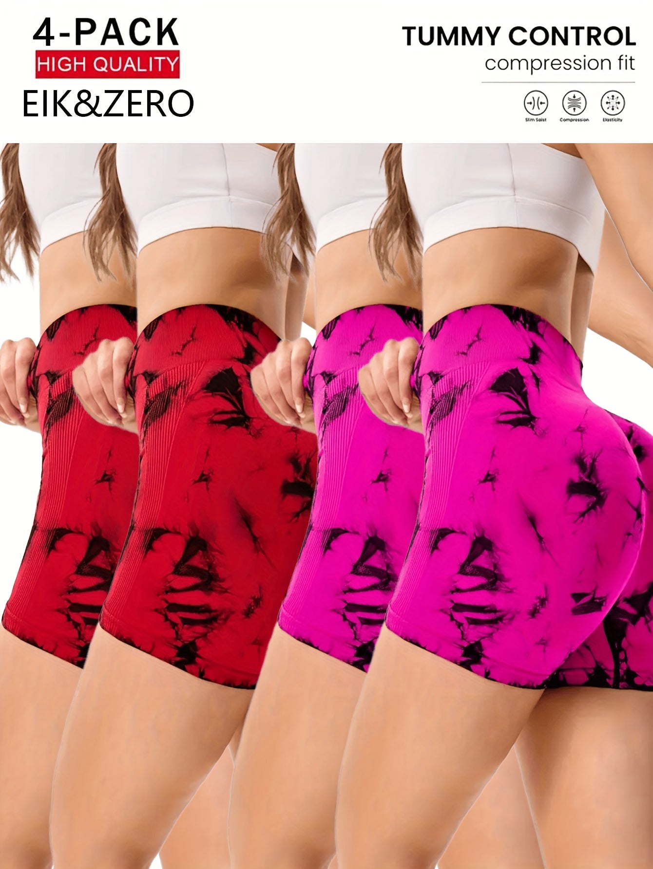 4條裝 Dfyne Impact 女士高腰瑜珈短褲 - 無縫收腹提臀紮染設計，彈性腰帶，4種顏色可選（黑/紅迷彩、藏青/白、紫/藍綠、紅花） - 透氣彈性運動褲