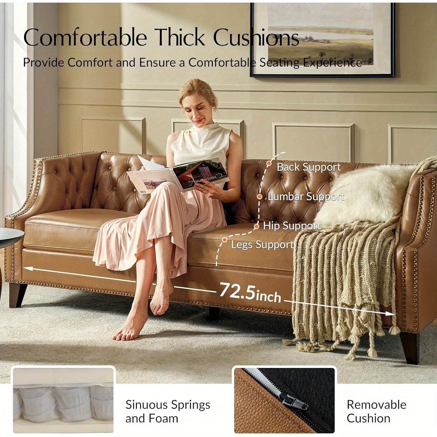 [Luxury Chesterfield Sofa] HULALA HOME 84" Genuine Leather Chesterfield Sofa | Button-Tufted 3-Seater with Solid Wood Legs, Mid-Century Modern Design, Camel Upholstery for Living Room, Apartment & Entertainment Areas, Section - Daisan Mart