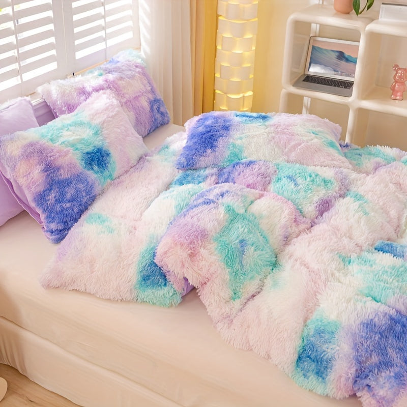 3pcs Y2K Tie Dye Plush Duvet Cover Set ( 1 Duvet Cover + 2 Pillowcase), Soft &amp; Warm Bedding Set