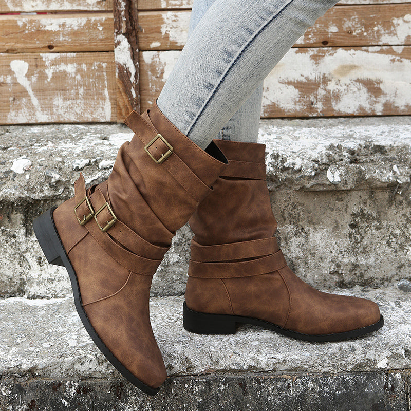 Mid Calf Ruched Buckle Solid Color Retro Western Short Boots For Women Cowboy Boots - Daisan Mart
