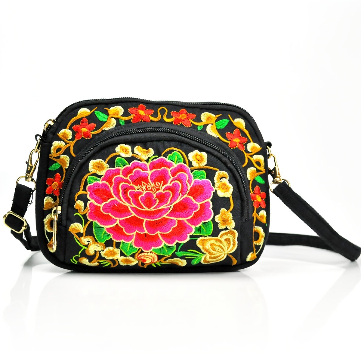 Embroidered Floral Crossbody Bag, Detachable Strap