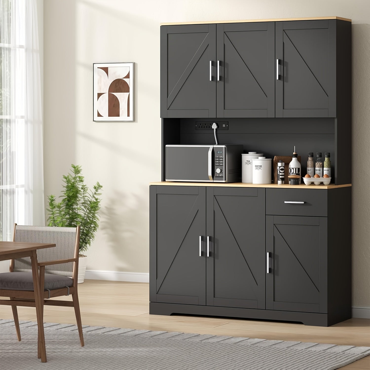 Rustic Wood Kitchen Cabinet 6 Doors, 4 Shelves, With Outlet 71 inch