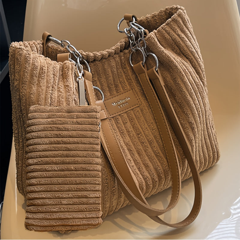 Perfect Lily Women's 2pcs Corduroy Tote & Handbag Set - Elegant Large Capacity Handbags with Zipper Closure, Fixed Strap & Polyester Lining, Beige/White/Green/Black, Versatile for Daily Commute, Work, Shopping - Durable Cordu - Daisan Mart