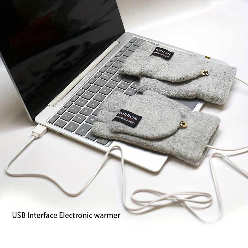 USB Interface Electronic Warmer, Male And Female Universal USB Heating Gloves Knitted Semi Heated Fingerless+Flip Heating Heater with Button Washable Design Gloves for Winter Hand Warmth Laptop Gloves, Without Battery