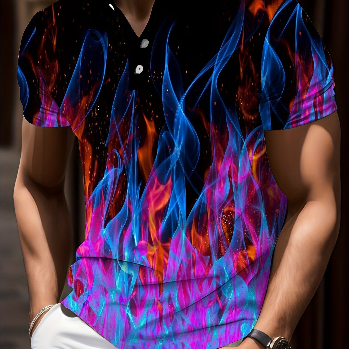 Big Size Golf Shirt 3D Printed Fire Pattern - Light Stretch, Breathable Fabric