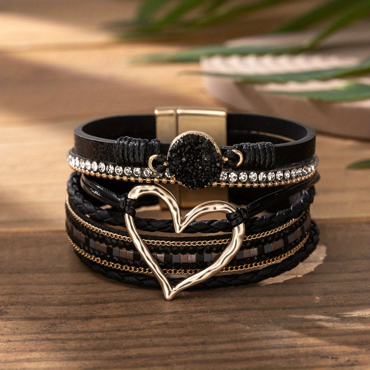 [Boho Chic Heart Bracelet] Boho Chic Multi-Layer PU Leather Magnetic Clasp Bracelet - Black Braided Design & Crystal Accents, Golden-Tone Metal Heart Pendant, Elegant Love Heart - Daisan Mart