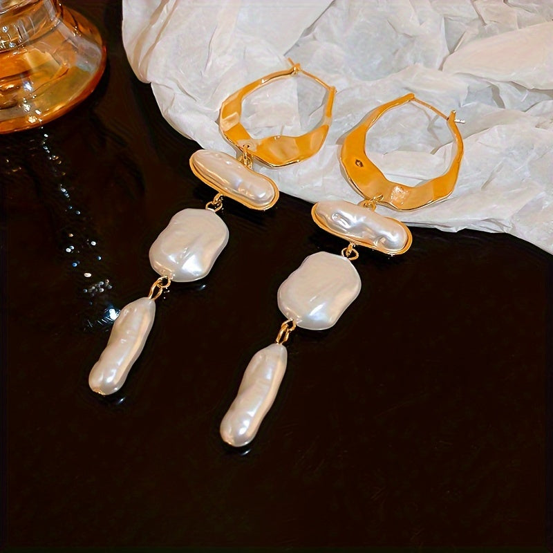 Vintage French-Style Elegant Irregular Imitation Pearl Tassel Hoop Earrings, Copper with Stainless Steel Ear Needle, Non-Plated, Versatile for Daily and Party Occasions - 1 Pair