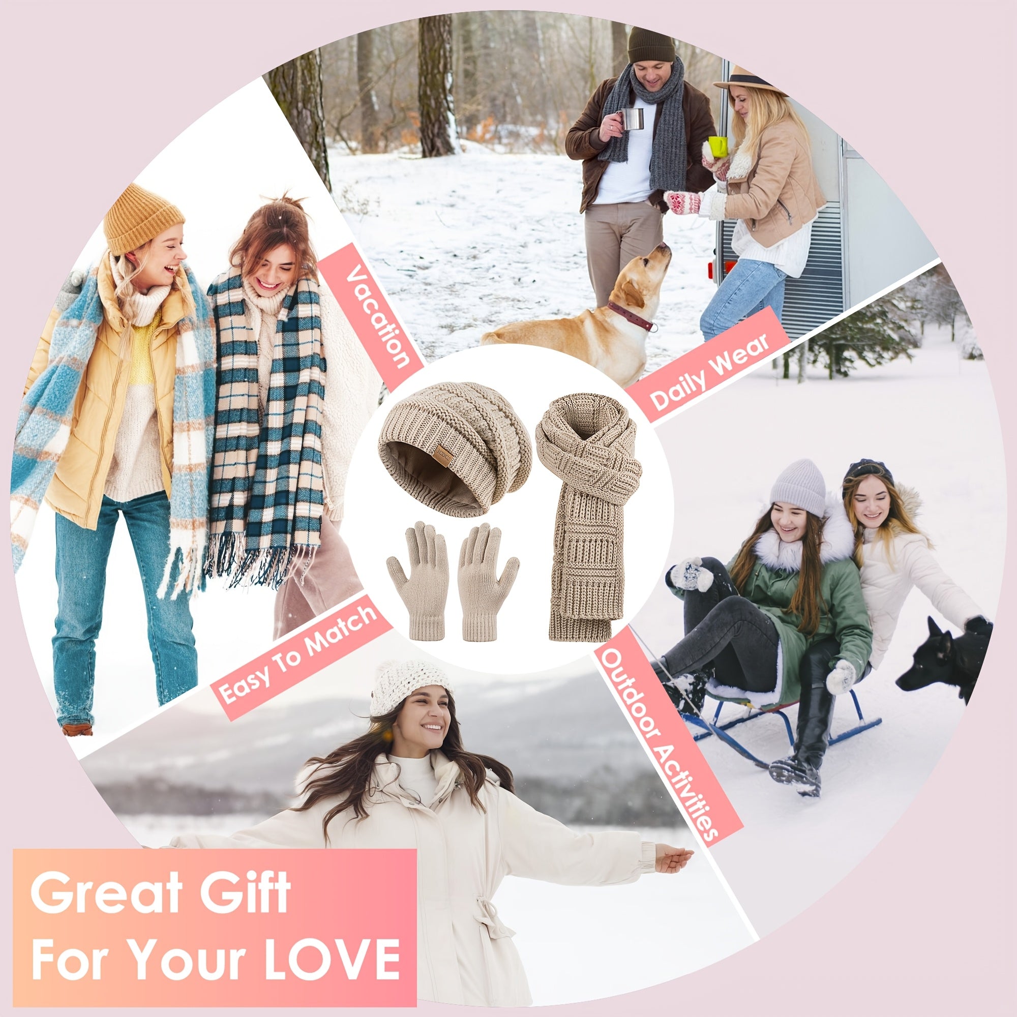 Women'S 3-in-1 Winter Set: Hat, Long Scarf & Touchscreen Gloves - Soft Warm Neck Warmer, Elastic Fit for Smartphones/Camera Use, Elegant Solid Color (/PinkRed/) - Christmas & Thanksgiving Gifts for Women, Durable & Versatile