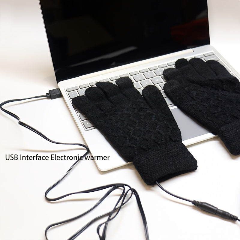 USB Interface Electronic Warmer, Male And Female Universal USB Heating Gloves Knitted Semi Heated Fingerless+Flip Heating Heater with Button Washable Design Gloves for Winter Hand Warmth Laptop Gloves, Without Battery