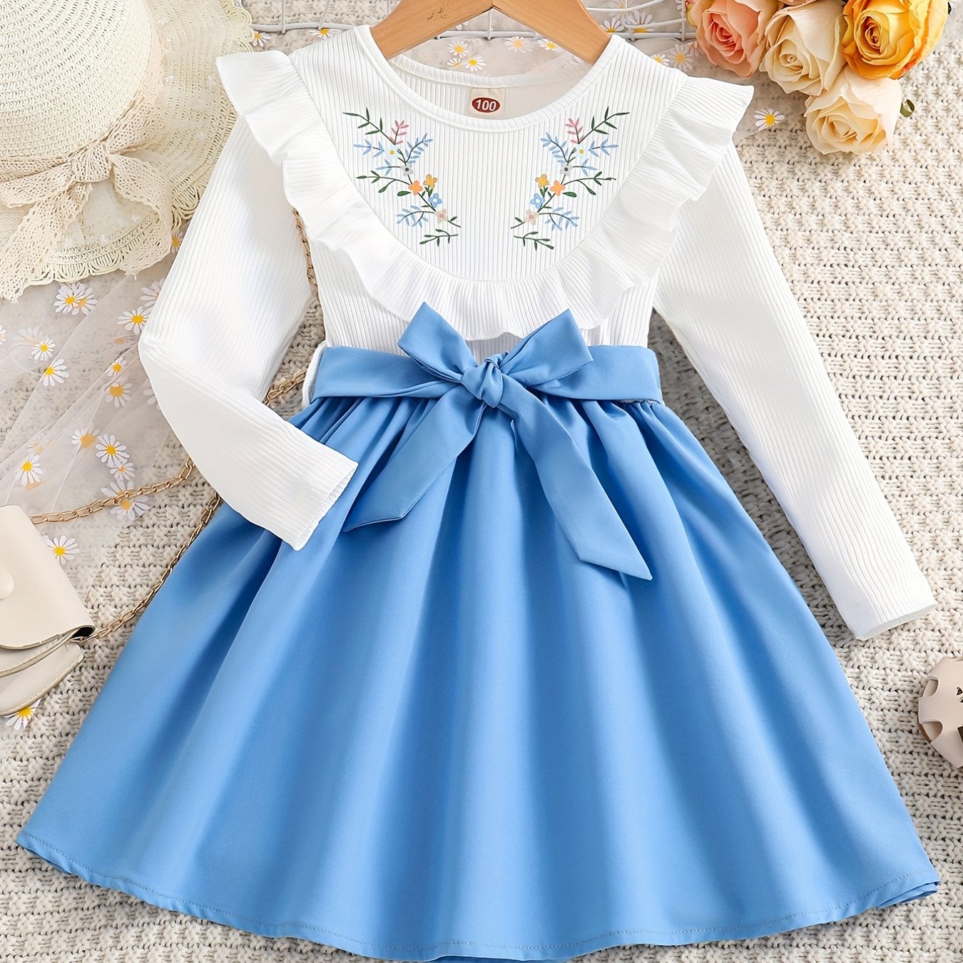 Baby Girl's Long Sleeve Floral Dress with Belt - Gentle Spring and Autumn