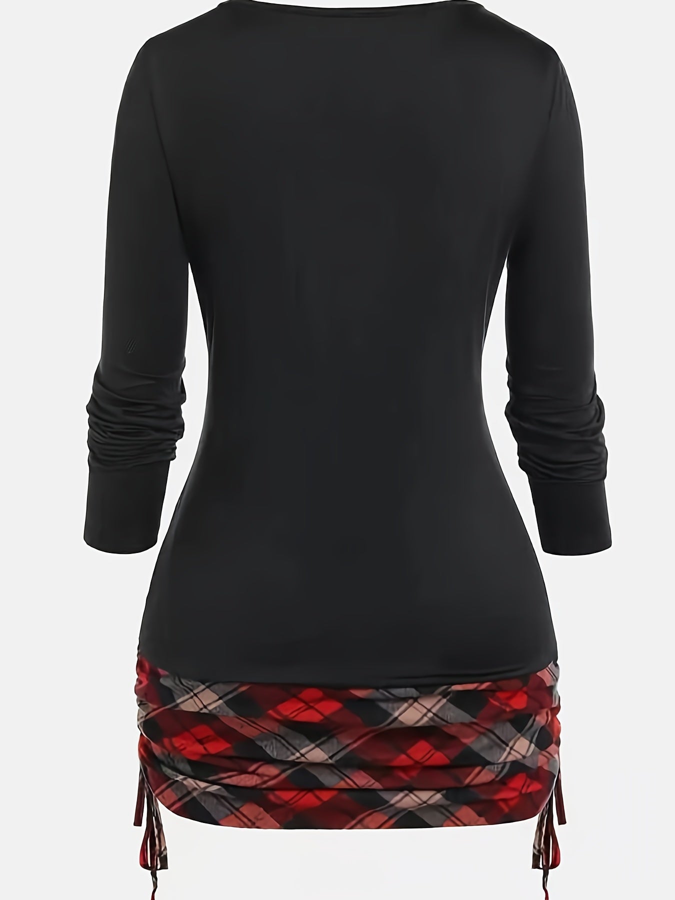 Long Sleeve Plaid Print Deep V Neck Casual T-shirt - Soft Slight Stretch Fabric, Ripped Details, Machine Washable, All Season Wear - Polyester Knit Fabric, Acrylic Lining, Pullover Style, Regular Fit