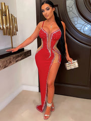 Women'S Sexy Rhinestone Long Dress, Asymmetrical Hem, Slingback, Sleeveless, Strapless Collar, Bodycon Knit Fabric, Polyester 95% Spandex 5% - All-Season Party Wear