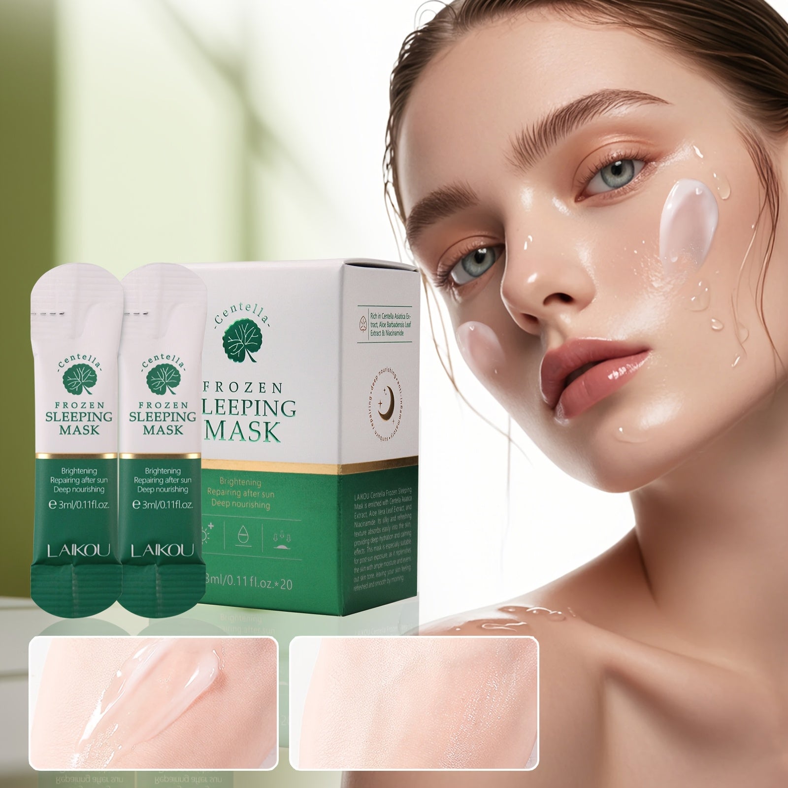 20pcs Centella Asiatica Moisturizing &amp; Firming Sleeping Mask - Hydrating, Fragrance-Free, Hypoallergenic, Plant-Based Formula for All Light Beige Types, Unisex Adult Skincare, Skincare Routine, Sleek Packaging, Natural Ingred