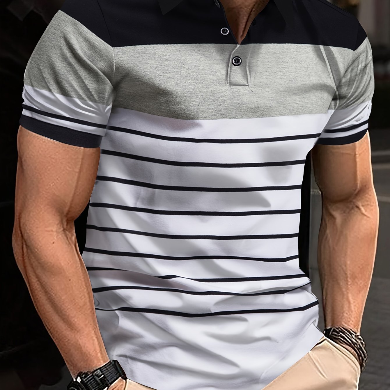 Áo Golf Nam Kẻ Sọc Thoáng Mát, Cộc Tay Nửa Khuy