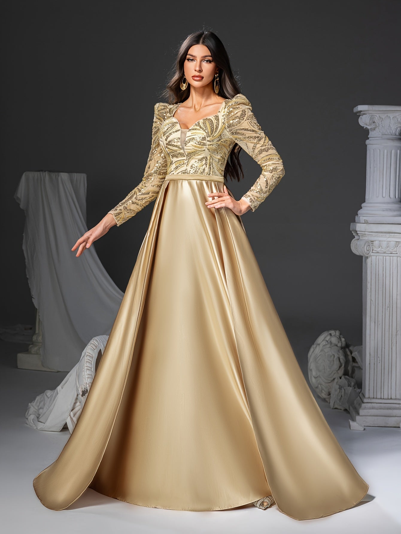 [Elegant Sequin Mermaid Dress] Elegant Sophisticated Women's Long Sleeve V-Neck Sequin Embellished Mermaid Dress with Flowy Train | Golden Formal Party Wedding Gown, Hand Wash Only, Wedding Guest Attire, Structured Bodice