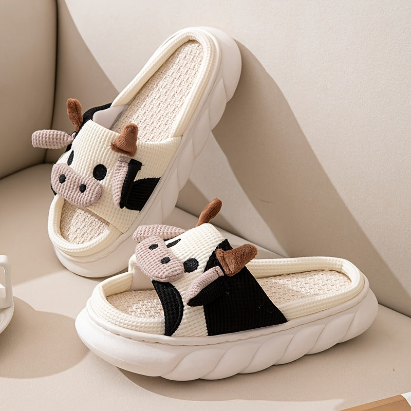 Women's Warm Cartoon Cow Slippers, Soft Anti-Slip Sole