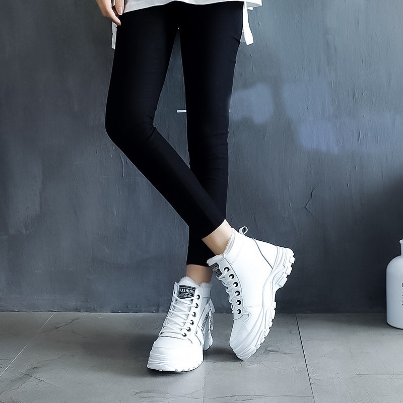 [Warm Fleece-Lined Winter Boots] Warm Fleece-Lined Women's Winter High-Top Boots - Thick Rubber Sole, Lace-Up Casual Style, White & Beige, Perfect for Cold Weather Comfort - Daisan Mart