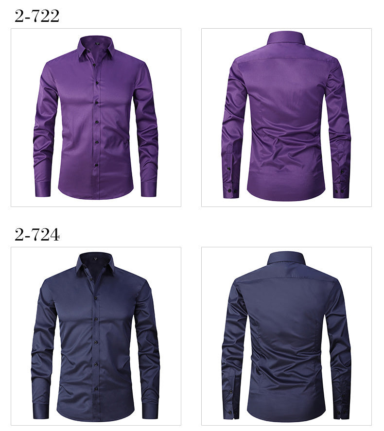 男士修身彈性正裝襯衫，輕薄商務翻領長袖襯衫，男士商務襯衫抗皺耐用純色正裝長袖襯衫，帶紐帶和口袋，適合工作、通勤、約會