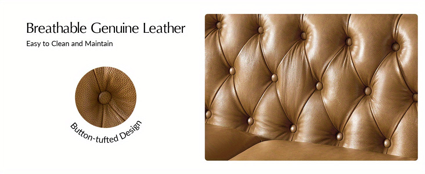 [Luxury Chesterfield Sofa] HULALA HOME 84" Genuine Leather Chesterfield Sofa | Button-Tufted 3-Seater with Solid Wood Legs, Mid-Century Modern Design, Camel Upholstery for Living Room, Apartment & Entertainment Areas, Section - Daisan Mart
