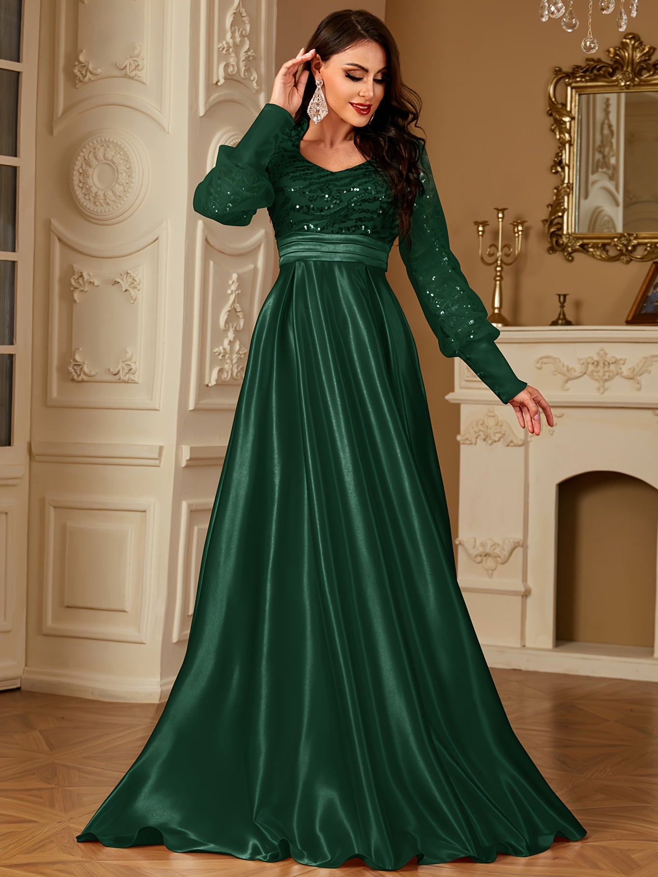 XUIBOL Women's Elegant Long Sleeve Satin Evening Gown - Waist-Cinching Slim Fit A-Line Dress with Sparkling Pearl & Sequin Embellishments, Round Neck Floor-Length Formal Party Dress for Weddings & Galas - Daisan Mart