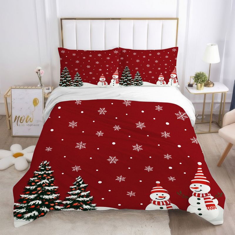 3pcs Christmas Bedding Snowman Pine Tree Pattern, Winter Holiday Red Duvet Cover, Festive Snowflake Design, Comfortable Home Bedroom Guest Room Supplies, Soft Microfiber Fabric, (1 + 2 Pillow Covers) - Daisan Mart