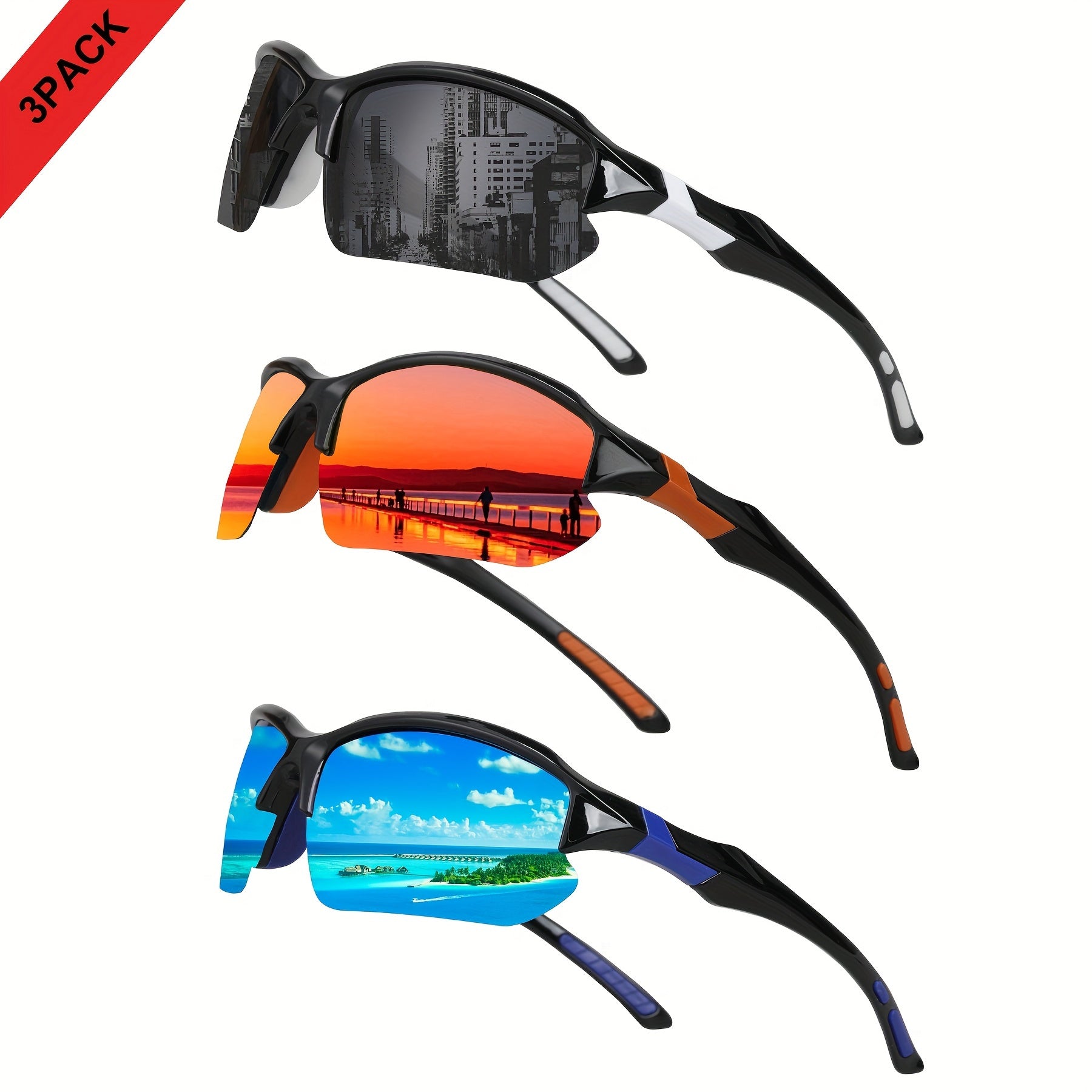 3-Piece Polarized Sports Glasses - Wind &amp; UV Protection