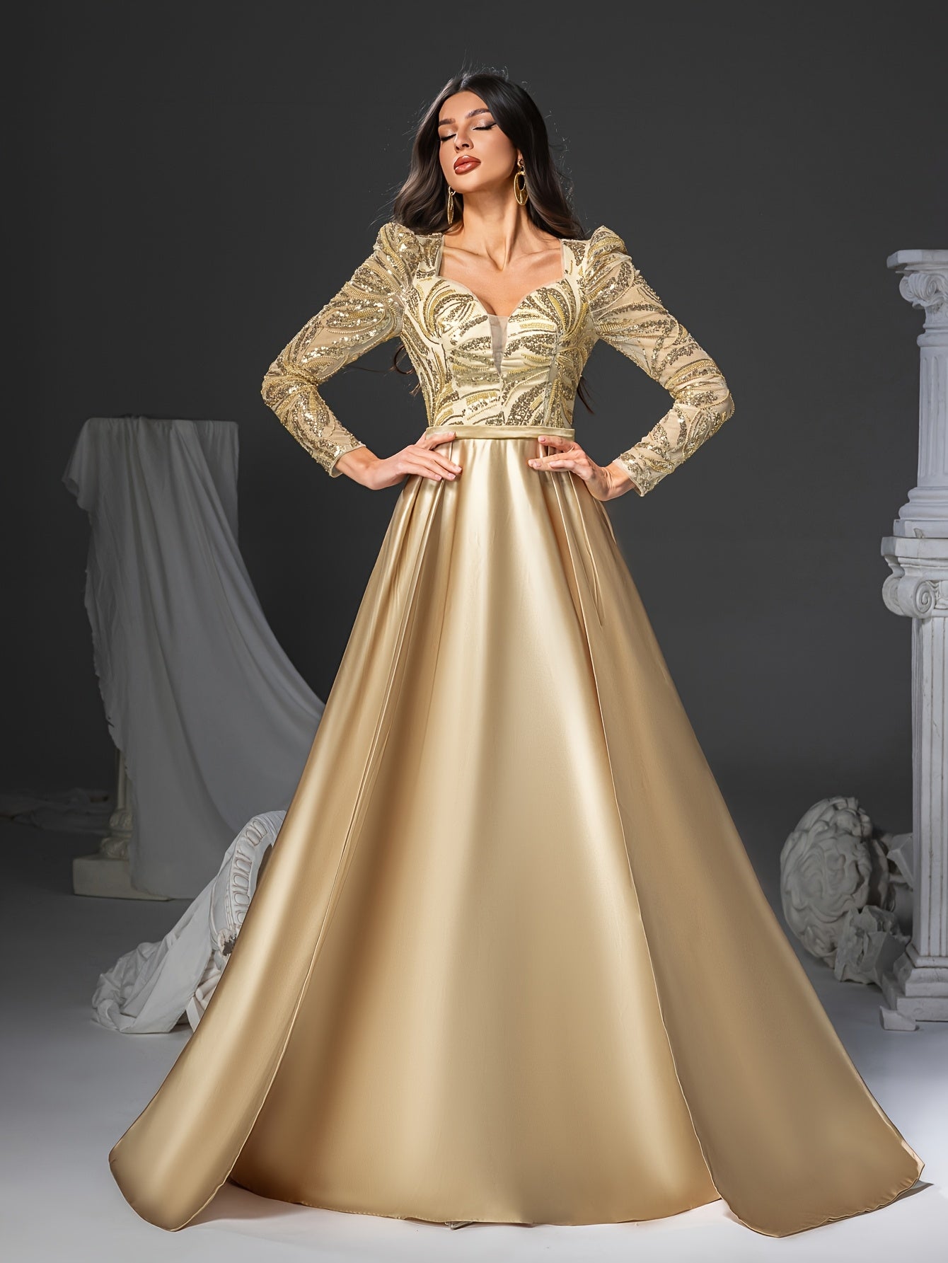 [Elegant Sequin Mermaid Dress] Elegant Sophisticated Women's Long Sleeve V-Neck Sequin Embellished Mermaid Dress with Flowy Train | Golden Formal Party Wedding Gown, Hand Wash Only, Wedding Guest Attire, Structured Bodice