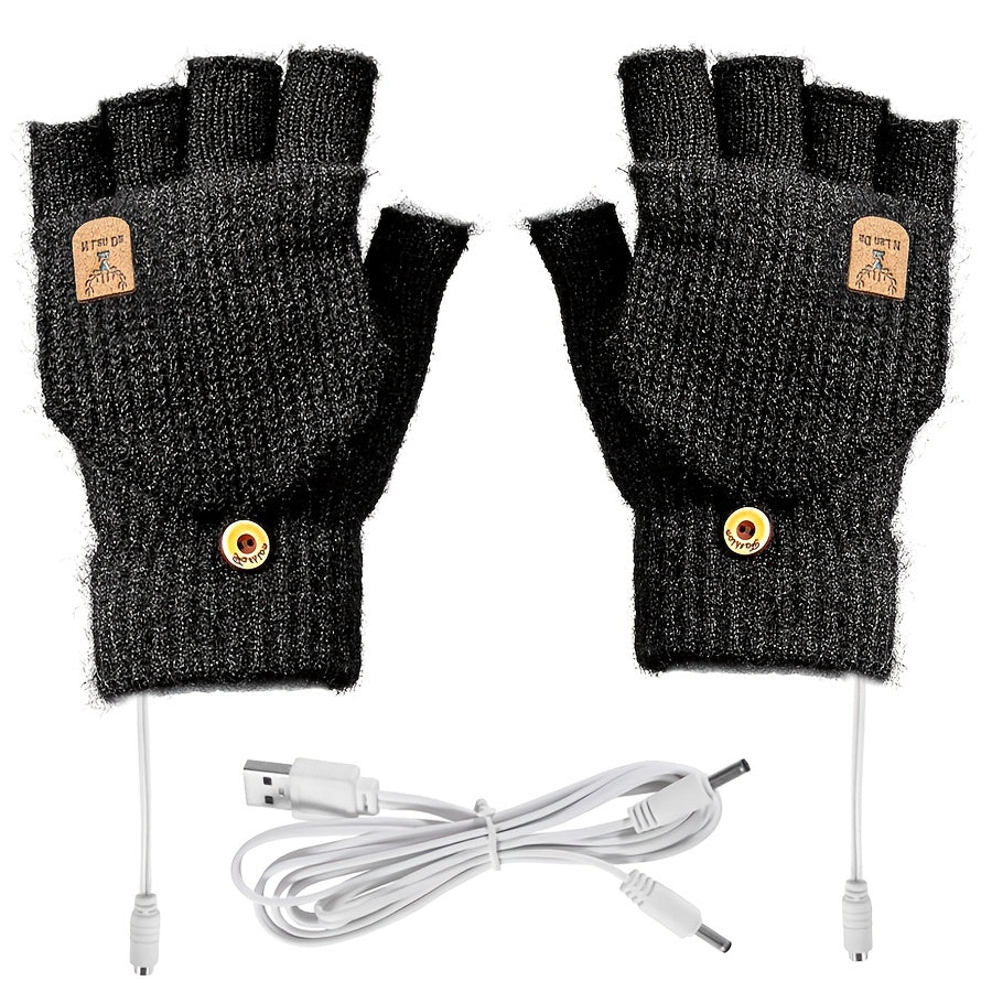 USB Interface Electronic Warmer, Male And Female Universal USB Heating Gloves Knitted Semi Heated Fingerless+Flip Heating Heater with Button Washable Design Gloves for Winter Hand Warmth Laptop Gloves, Without Battery