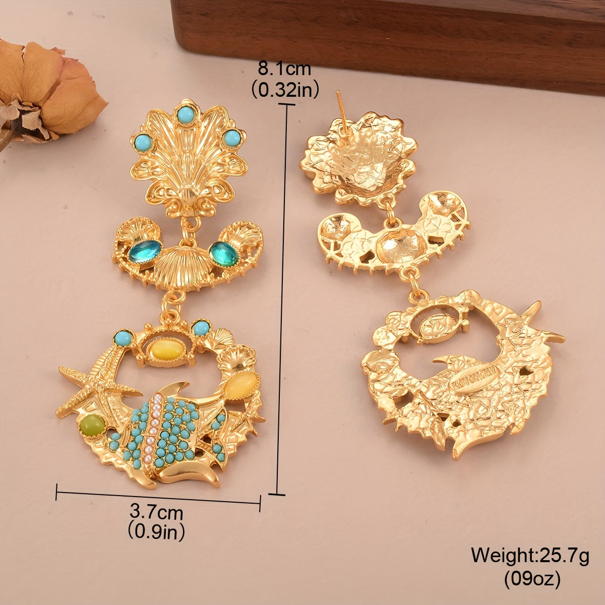 Vintage Boho Ocean-Inspired Drop & Dangle Earrings - 18K Golden Plated with Glass Mosaic, Alloy Construction, 925 Sterling Silver Ear Needle for Women, Ideal for Daily Wear and Gifting Occasions