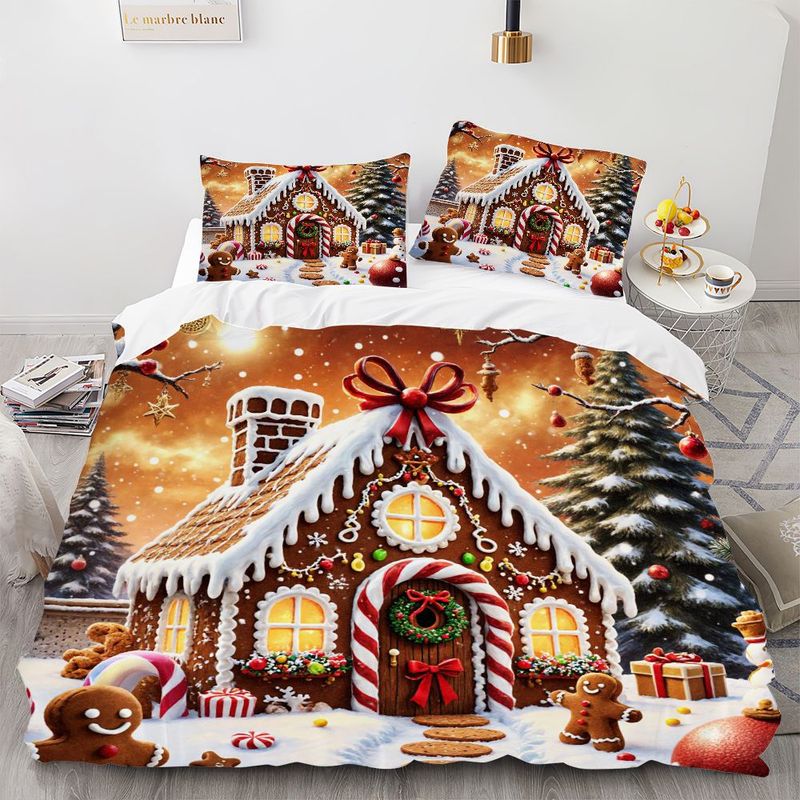 3pcs Christmas Gingerbread House Duvet Cover, Winter Holiday Bedding with Pillowcases, Xmas Snow Scene Quilt, Festive Bedroom Decor, Soft Microfiber Fabric 1 Duvet Cover+2 Pillowcases,  Holiday Theme, Cozy Winter Decor, Highq