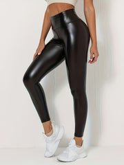 Women's Plus Size High-Waisted PU Leather Tummy Control Butt-Lifting Shaping Pants - Solid Black Full-Length Leggings, Non-Sheer Opaque Tights for Workouts, Daily Wear & All-Season (No Underwear Layering) - PU Leather Pants