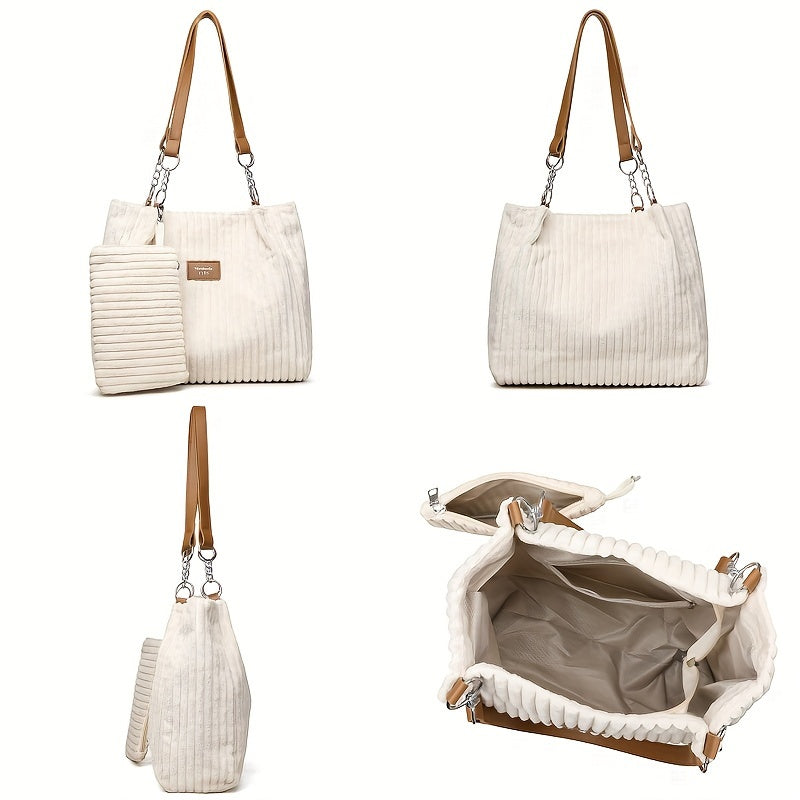Perfect Lily Women's 2pcs Corduroy Tote & Handbag Set - Elegant Large Capacity Handbags with Zipper Closure, Fixed Strap & Polyester Lining, Beige/White/Green/Black, Versatile for Daily Commute, Work, Shopping - Durable Cordu - Daisan Mart