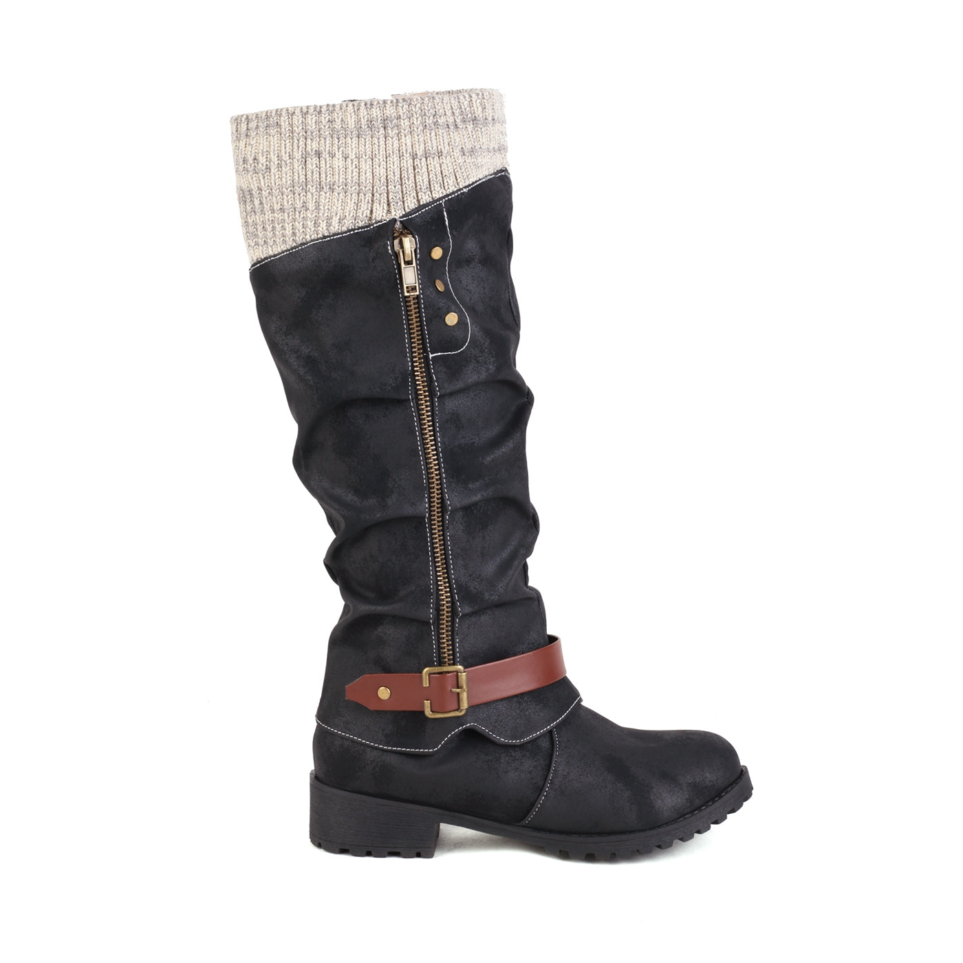 Mid-calf vintage western boots for women; warm, anti-slip, flat, cold-proof long boots in winter. - Daisan Mart