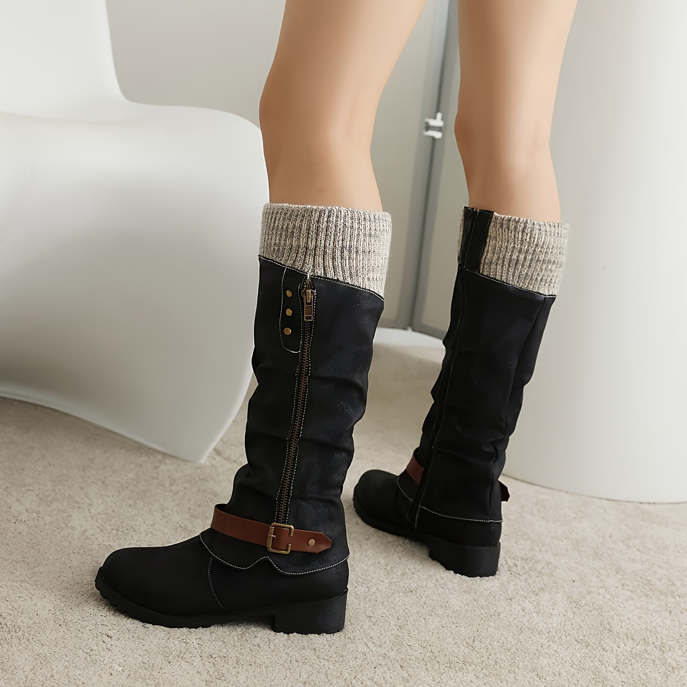 Mid-calf vintage western boots for women; warm, anti-slip, flat, cold-proof long boots in winter. - Daisan Mart