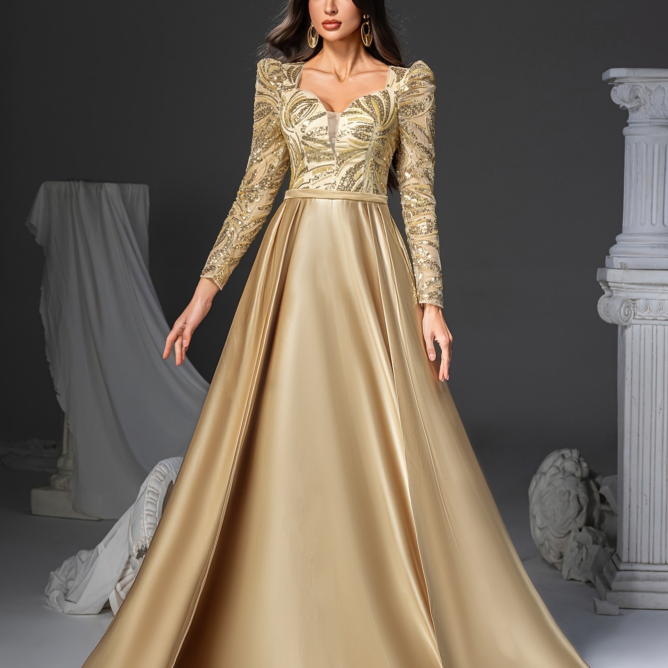 [Elegant Sequin Mermaid Dress] Elegant Sophisticated Women's Long Sleeve V-Neck Sequin Embellished Mermaid Dress with Flowy Train | Golden Formal Party Wedding Gown, Hand Wash Only, Wedding Guest Attire, Structured Bodice