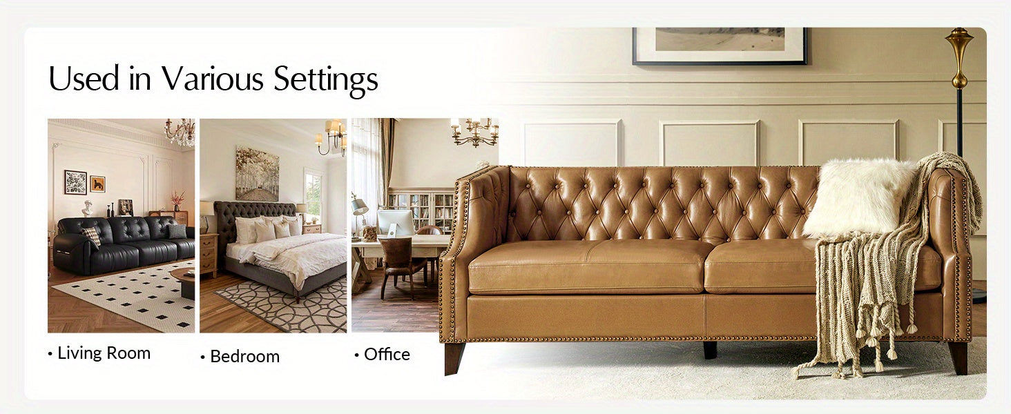 [Luxury Chesterfield Sofa] HULALA HOME 84" Genuine Leather Chesterfield Sofa | Button-Tufted 3-Seater with Solid Wood Legs, Mid-Century Modern Design, Camel Upholstery for Living Room, Apartment & Entertainment Areas, Section - Daisan Mart