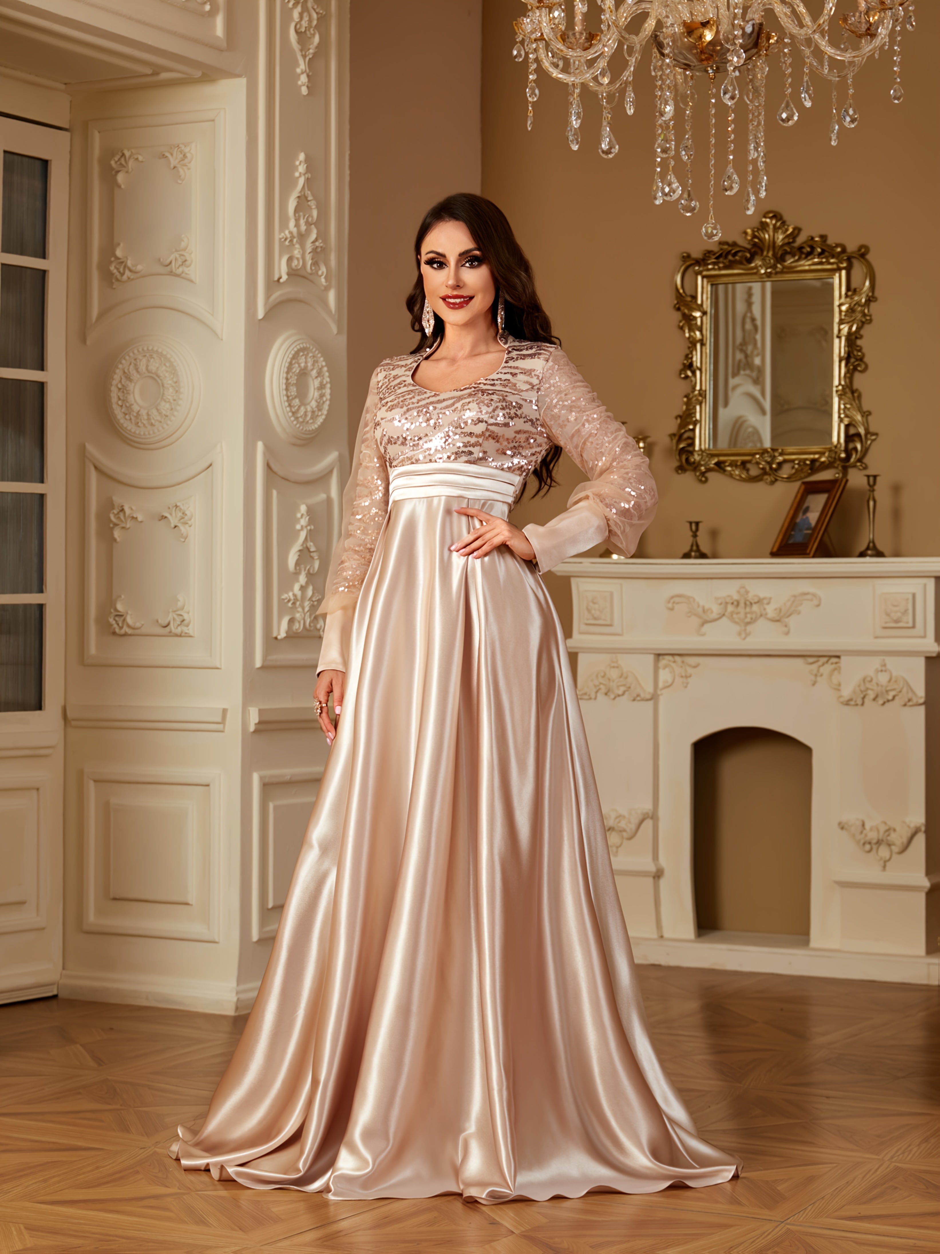 XUIBOL Women's Elegant Long Sleeve Satin Evening Gown - Waist-Cinching Slim Fit A-Line Dress with Sparkling Pearl & Sequin Embellishments, Round Neck Floor-Length Formal Party Dress for Weddings & Galas - Daisan Mart
