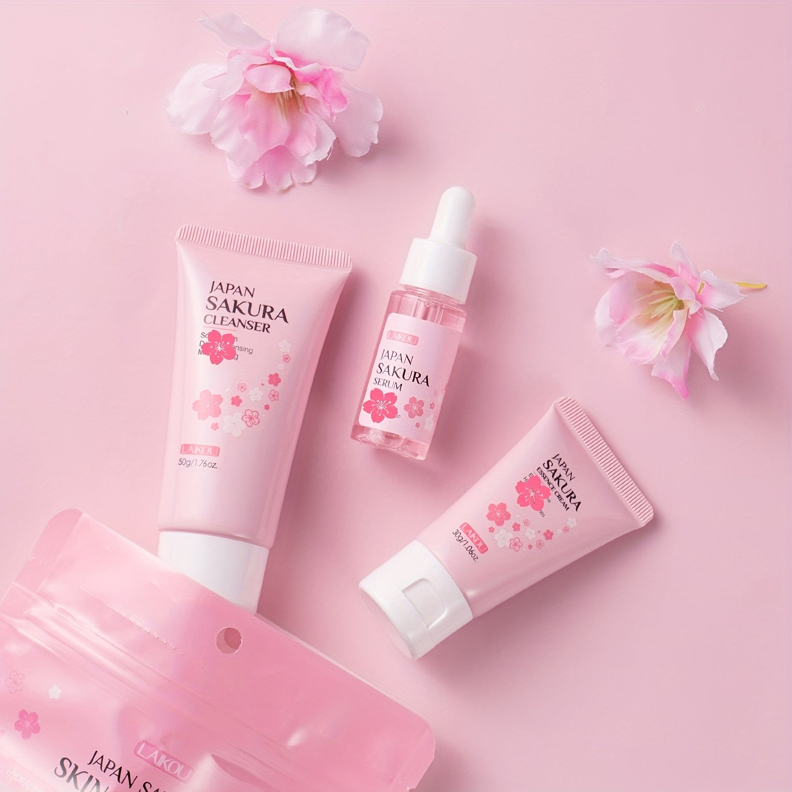 LAIKOU Sakura Cleanser Skin Care Set 3pcs, Face Wash 50g, Serum 0.57oz, Moisturizer 30g, Even Skin Tone, Smooth Fine Lines