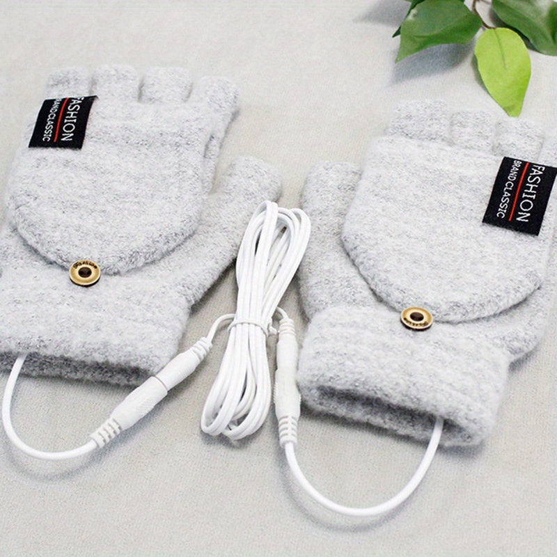 USB Interface Electronic Warmer, Male And Female Universal USB Heating Gloves Knitted Semi Heated Fingerless+Flip Heating Heater with Button Washable Design Gloves for Winter Hand Warmth Laptop Gloves, Without Battery