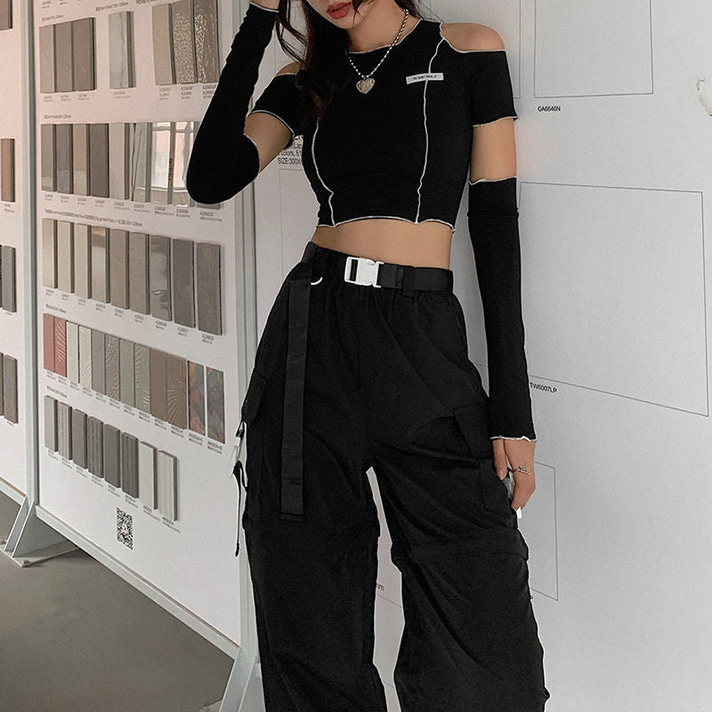 Off Shoulder Hollow Crew Neck T-shirt, Casual Loose Long Sleeve Fashion Summer Slim Bottoming T-Shirts Tops, Women's Clothing - Daisan Mart