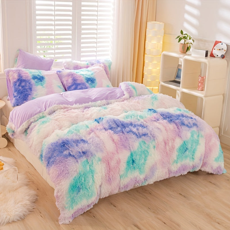 3pcs Y2K Tie Dye Plush Duvet Cover Set ( 1 Duvet Cover + 2 Pillowcase), Soft & Warm Bedding Set