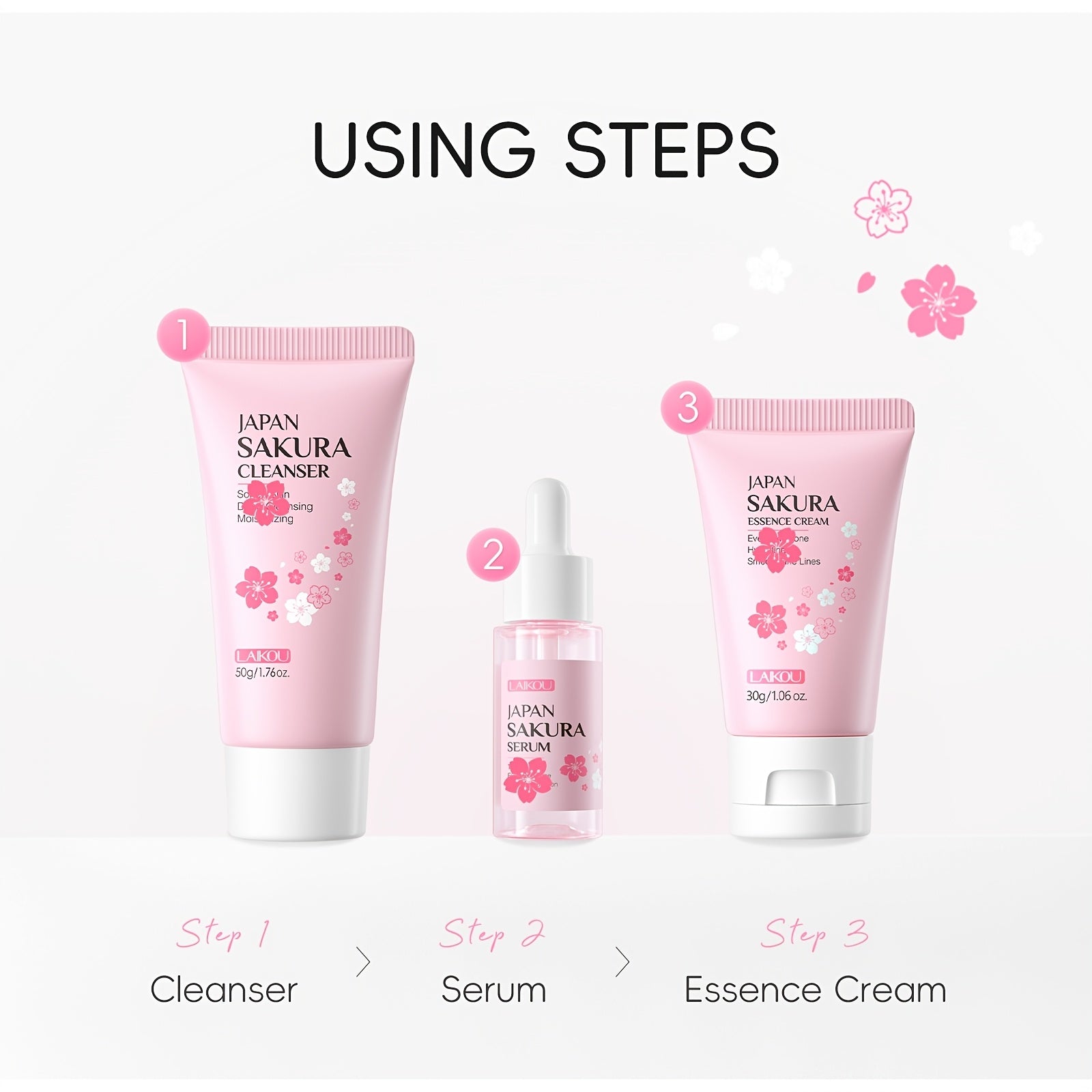 LAIKOU Sakura Cleanser Skin Care Set 3pcs, Face Wash 50g, Serum 0.57oz, Moisturizer 30g, Even Skin Tone, Smooth Fine Lines