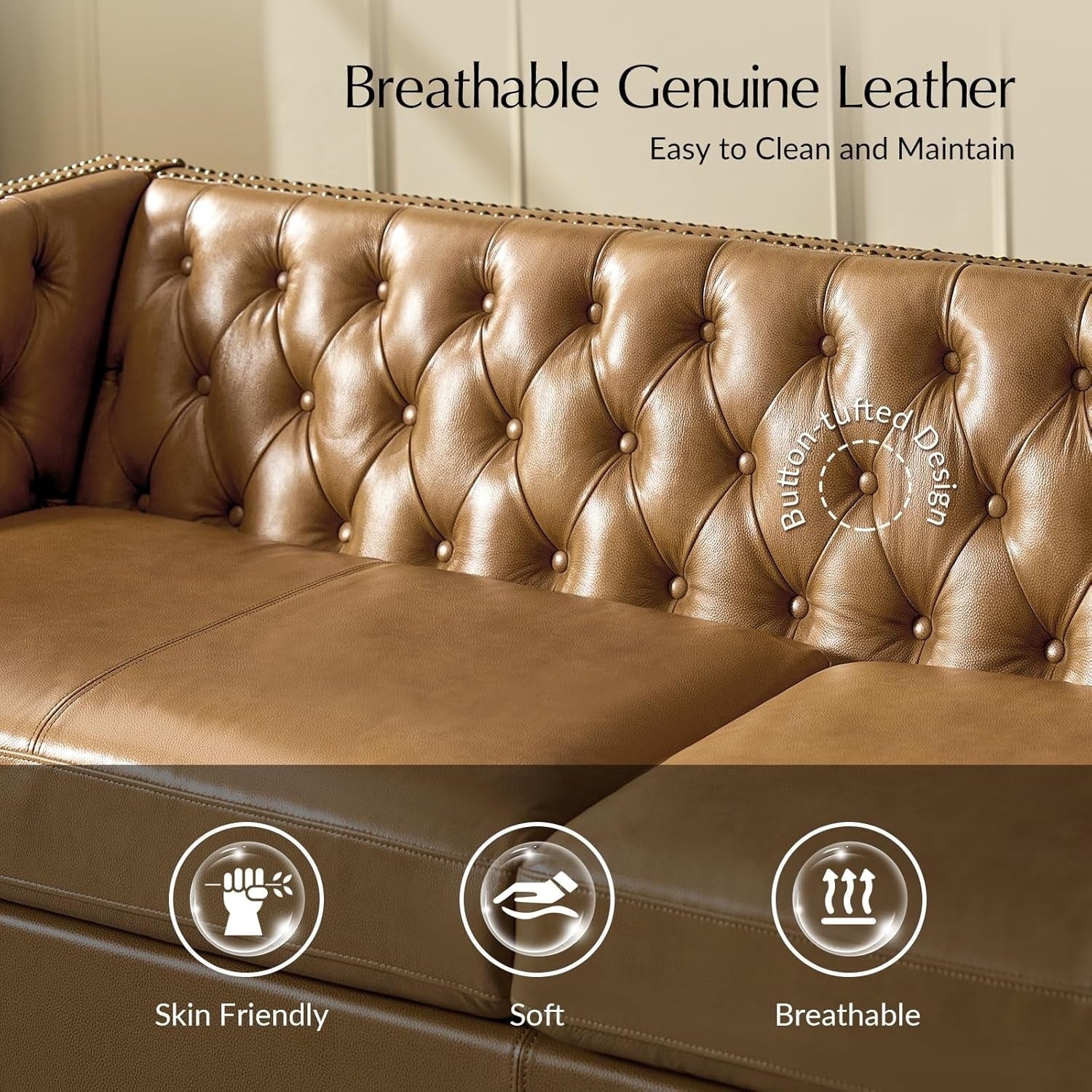 [Luxury Chesterfield Sofa] HULALA HOME 84" Genuine Leather Chesterfield Sofa | Button-Tufted 3-Seater with Solid Wood Legs, Mid-Century Modern Design, Camel Upholstery for Living Room, Apartment & Entertainment Areas, Section - Daisan Mart