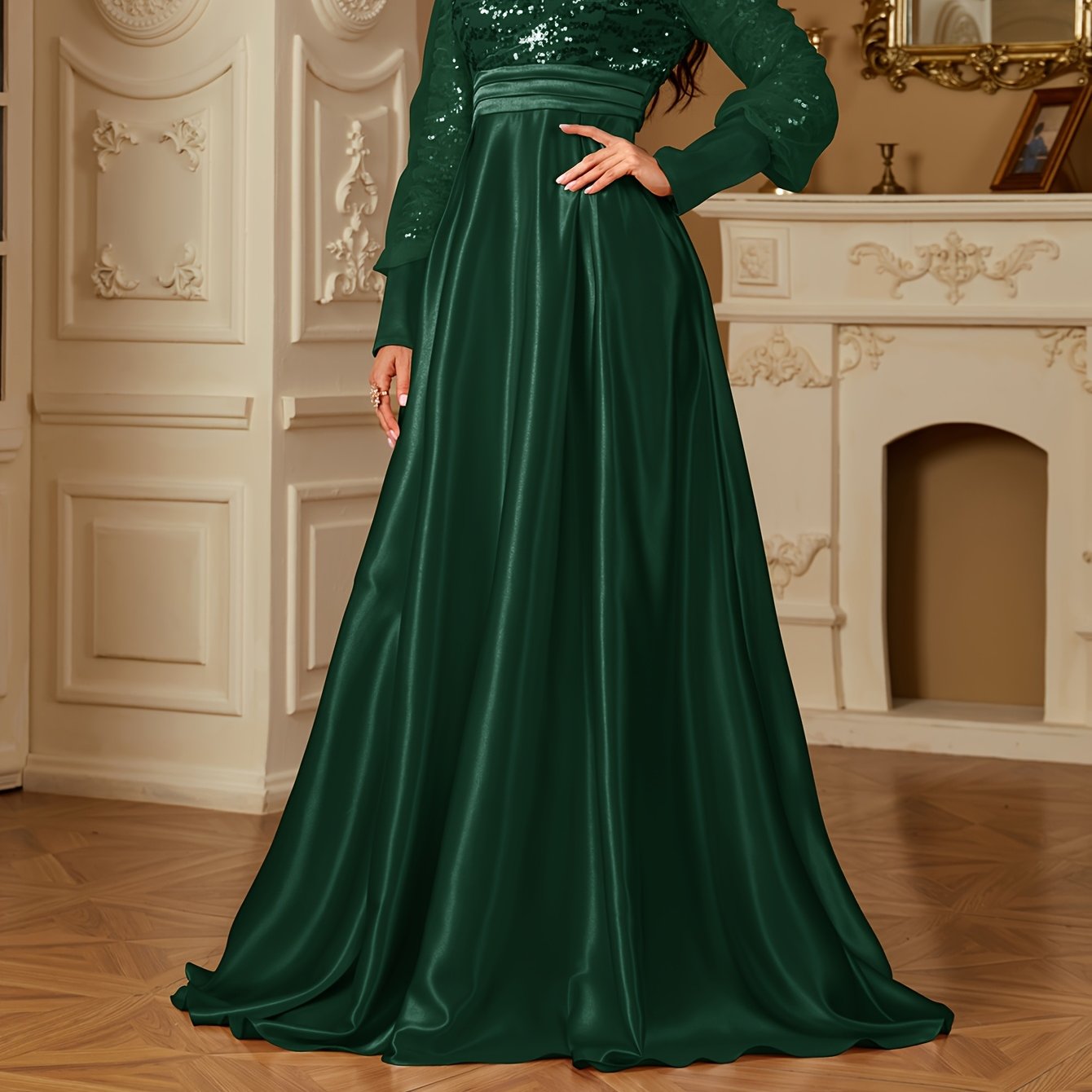 XUIBOL Women's Elegant Long Sleeve Satin Evening Gown - Waist-Cinching Slim Fit A-Line Dress with Sparkling Pearl & Sequin Embellishments, Round Neck Floor-Length Formal Party Dress for Weddings & Galas - Daisan Mart