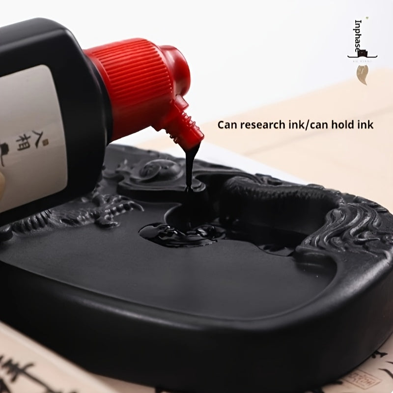 Chengni Inkstone Dragon-Carved Seal Platform - Elegant Black Oval Stone with Detailed Dragon and Cloud Design, Ideal for Traditional Chinese Calligraphy and Painting Supplies, Artistic Inkstone Platform|Dragon Motif Design|Sm